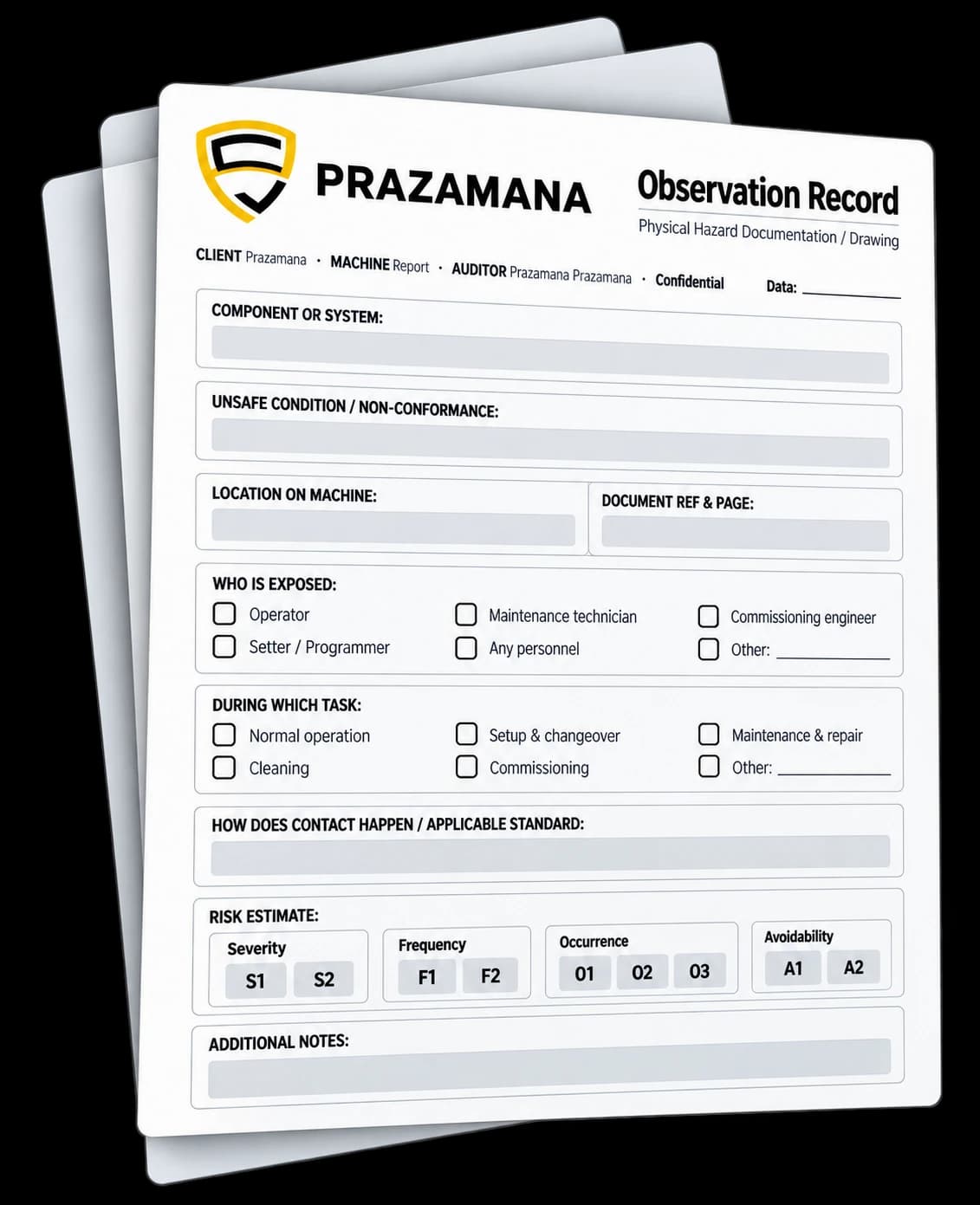 Prazamana observation record — a physical hazard documentation form used during a compliance review